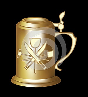 Brass beer tankard with relief of malting tools. 3d photorealistic pitcher on black background. Elegant golden beer jug