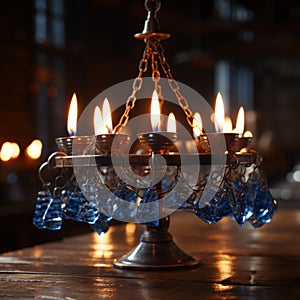 brass candelabra holder with lit candle flames, blue semi-transparent stones,