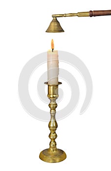 Brass candlestick with candle isolated.