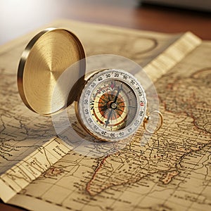 A brass compass with a decorative, classic design rests open on a vintage-style map