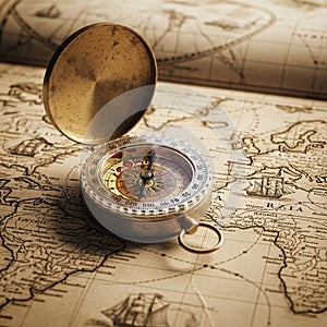 A brass compass rests open on an antique map. The compass features a decorative