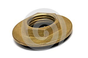A Brass copper hexagonal flange nut with a black rubber seal underneath white backdrop
