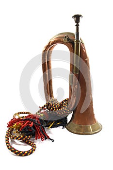 A Brass and Copper Small Bugle  Instrument On White Background