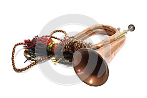 A Brass and Copper Small Bugle  Instrument On White Background