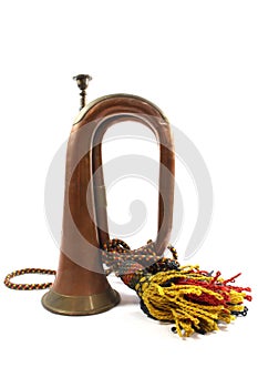 A Brass and Copper Small Bugle  Instrument On White Background