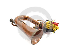 A Brass and Copper Small Bugle  Instrument On White Background