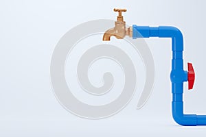 Brass faucet and blue PVC water pipe on white background.
