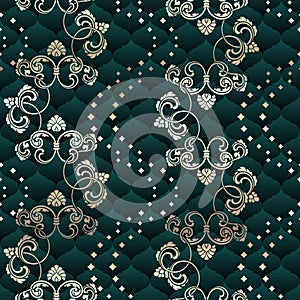 Brass and green seamless Rococo floral