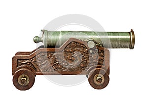 Brass green verdigris cannon green  carriage old vintage isolated on white