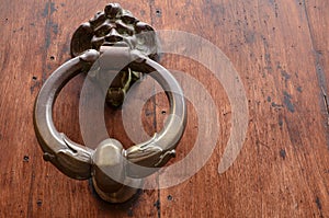 Brass knocker on wood door