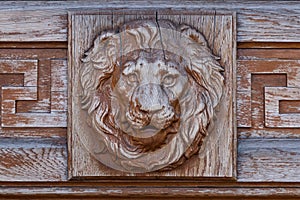 Brass lion head on the door, black and white