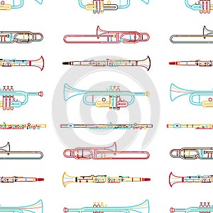 Brass musical instruments hand drawn outline seamless pattern