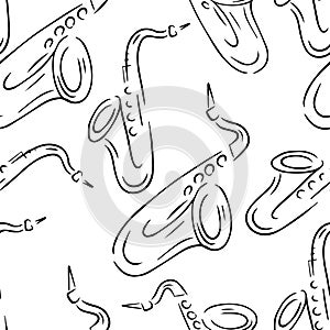 Brass Musical instruments seamless pattern. Line vector saxophones.