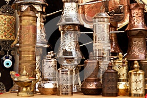 Brass pepper mills in souvenir shop in Mostar