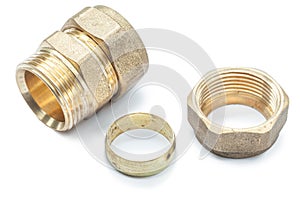 Brass pipe connector isolated on white