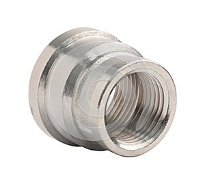 Brass reducing coupling. Female threaded pipe fitting. Isolated on a white background.