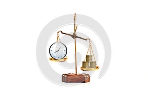 Brass scale balancing money and time concept