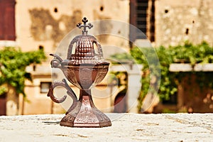 Brass, small censer in an Orthodox monastery