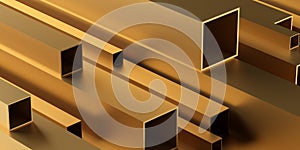 Brass square profiles stack or heap frame filling background, metal manufactoring or product concept photo