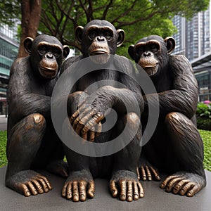 Brass statue of three chimpanzees in park environment