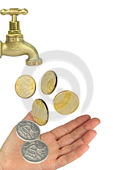 Brass tap with a hand catching money