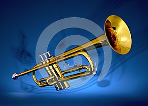 Brass trumpet with musical backdrop