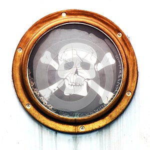 Brass vintage porthole with pirate flag