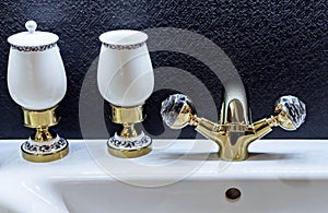 Brass water mixer with cristal taps. Golden chrome water tap