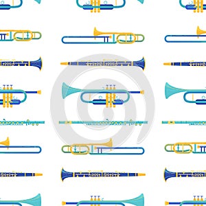 Brass and windwood instruments vector seamless pattern