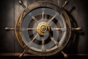 Brass and wooden wheel used to maneuver an old boat