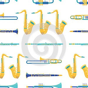 Brass and woodwind instruments flat vector seamless pattern