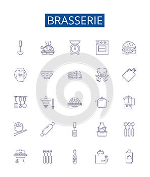 Brasserie line icons signs set. Design collection of Brewery, Bistro, Gastropub, Pub, Winebar, Ales, Lagers, Hops