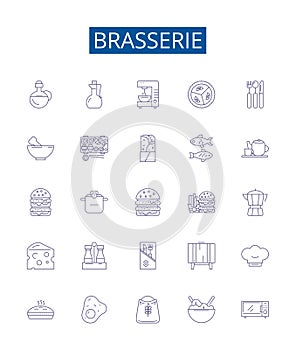 Brasserie line icons signs set. Design collection of Brewery, Bistro, Gastropub, Pub, Winebar, Ales, Lagers, Hops