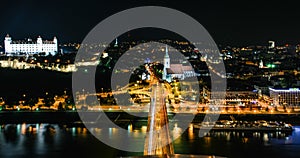 Bratislava Cityscape seen from the UFO Bridge Restaurant at Night - Slovakia