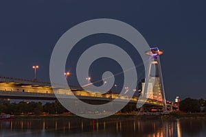 Bratislava capital in summer evening with color sunset and river Donau