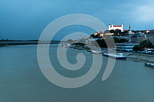 Bratislava castle above Danube river at dusk