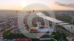 Bratislava Castle or Bratislavsky Hrad aerial panoramic view sunset.