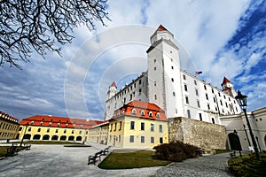 Bratislava castle courtyard and palace at sunny cloudy spring da