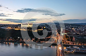 Bratislava Castle and Danube River view at sunset from Ufo Tower