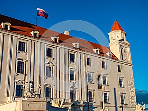 Bratislava castle with flag on its roof