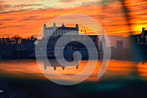 Bratislava castle in the night. Castle and Danube river