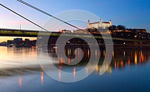 Bratislava castle and novy bridge at sunset