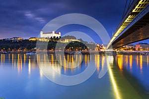 Bratislava castle,Parliament and the New bridge over Danube river in capital city of Slovakia,Bratislava