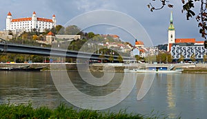Bratislava castle and Saint Martins cathedral, river Danube