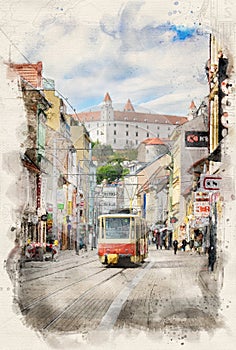 Bratislava castle in Slovakia in watercolor illustration style