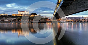 Bratislava castle with SNP bridge at night, Slovakia