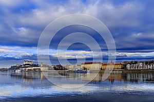 Bratislava castle, st. Martins church and Danube river, blue win