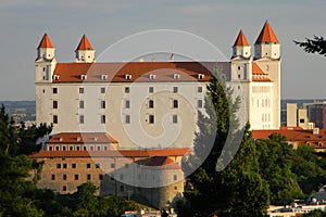 Bratislava Castle, view from the Slavin Hill in sunset colors, Bratislava, Slovakia