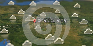 Bratislava city and cloudy weather icon on the map, weather forecast related 3D rendering