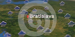 Bratislava city and rainy weather icon on the map, weather forecast related 3D rendering